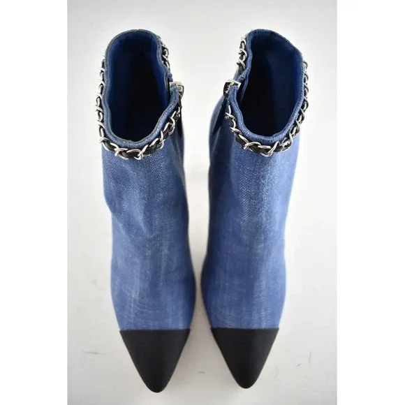 Chanel 20C Blue Denim Fabric Black Chain CC Logo Short Ankle Heel Boot Bootie 38 - Picture 6 of 12
